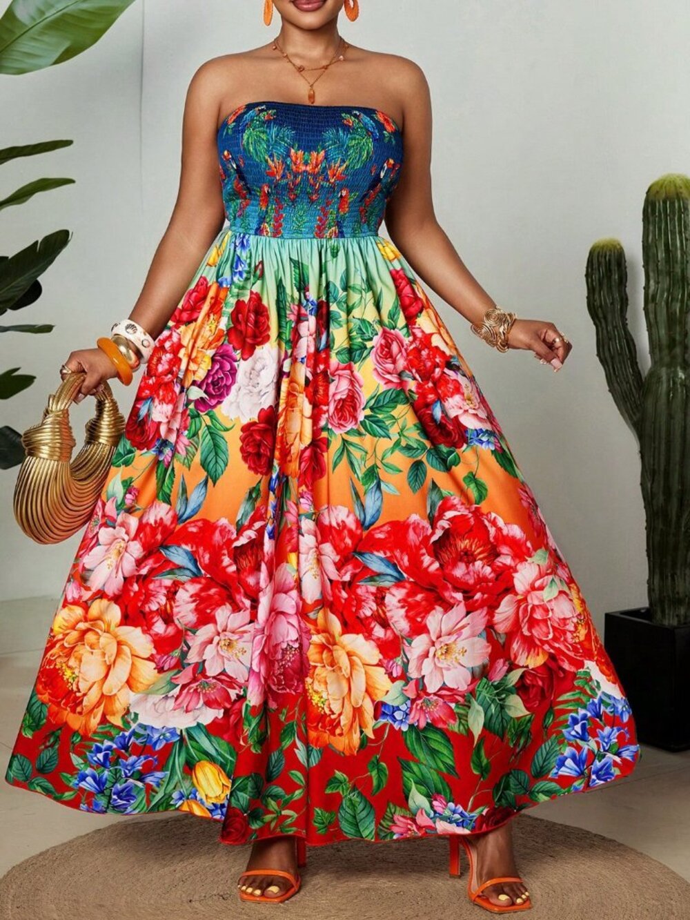 Multicolor Boho Women's Plus Size Sleeveless Elegant Floral Maxi Dress - Picture 6 of 9